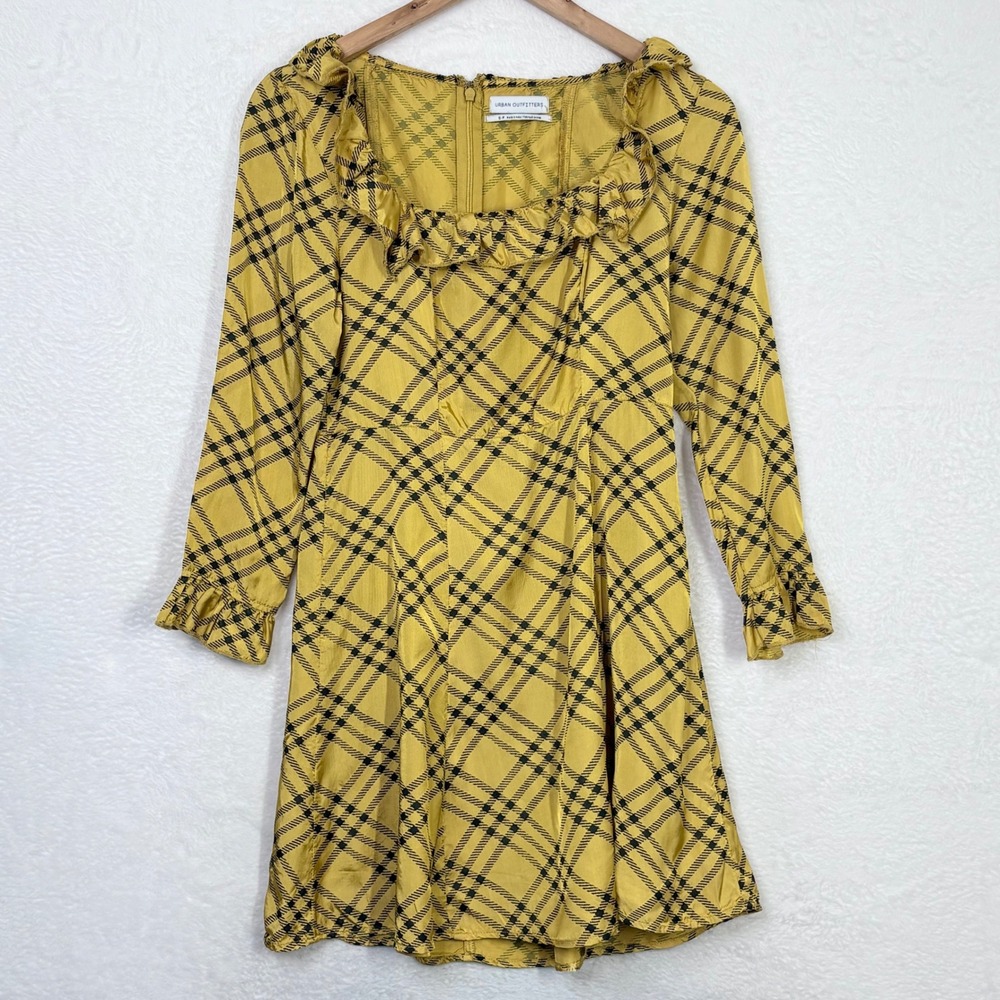 Urban Outfitters Yellow Plaid Ruffle Mini Dress Long Sleeve Mustard Black Small - Picture 2 of 9
